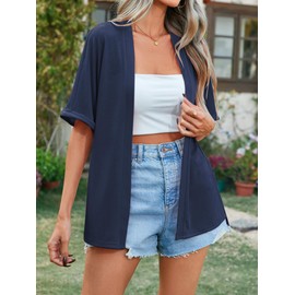 Famulily Open Front Half Sleeve Side Split Cardigans for Women, Summer Beach Cover ups Loose Cardigans (M, Blue)