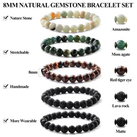 Milacolato 3-5 Pieces Bracelets for Men 8 mm Tiger's Eye Bracelet Men's Black Pearl Bracelet Men's Elastic Lava Stone Bracelet Men's Beads Father's Day Bracelet for Men Jewellery Gifts, Gemstone