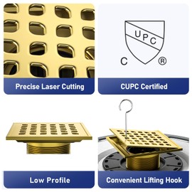 Bernkot Square Shower Drain 4" Polished Gold 304 Stainless Steel Drain Grate Removable Drain Key with PVC Bonding Flange Base for Low Profile Shower Floor Tiles