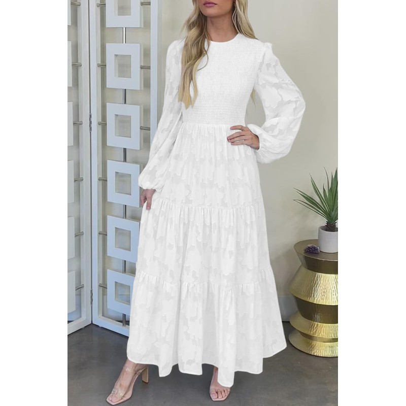 MITILLY Women's Elegant Floral Long Sleeve Round Neck Smocked A-Line