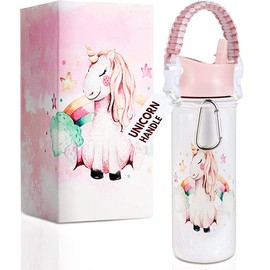 Unicorn Water Bottle, 18 OZ, Leak Proof, 36 Hours Cold, Dishwasher safe, Removable Handle, Wide Mouth Double Wall Vacuum Insulated Stainless Steel Water Bottle For School, Straw, Bottle For Girls