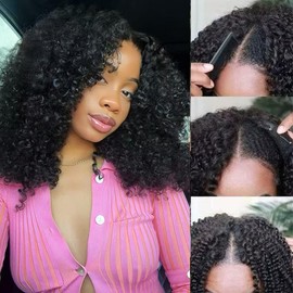 XSSXAKO V Part Wig Human Hair Kinky Curly Half Wig for Black Women Curly V Part Wig 100% Human Hair Wigs No Glue No Leave Out No Sew Clip Curly Hair Natural Black Color 180% Density 18inch