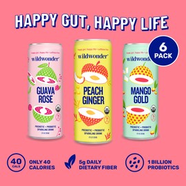 wildwonder Sparkling Probiotic Drink 6pk, For Gut Health & Immune Support, Classic Variety Pack, 5g Prebiotic Fiber, Live Probiotics, Organic, Vegan, Low Sugar, 6 Pack, 12oz Can, Seen on Shark Tank
