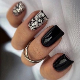Cool Crackles Square Press on Nails Short Fake Nails French Acrylic Full Cover False Nails for Women and Girls 24PCS(Black)