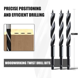 hsawbit Wood Drill Bits, 3pcs x 8mm x 155mm Auger Drill Bit Extra Long Drill Bits Wood Plastic, Drywall Woodworking Hole Drill Bit
