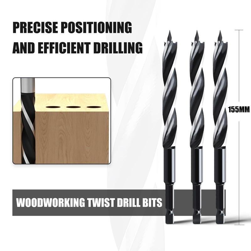 hsawbit Wood Drill Bits, 3pcs x 8mm x 155mm Auger