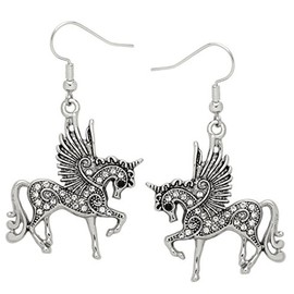 DianaL Boutique Large Beautiful Silver Tone Rhodium Plated Pegasus Unicorn Horse Dangle Earrings Gift Boxed