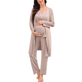 SWOMOG Maternity Nursing Pajamas Sets 3 PCS Women Postpartum Pajama Breastfeeding 3 in 1 Labor Delivery Button Pregnancy Pjs Light Brown