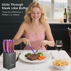 WELLSTAR Steak Knives Set of 8 with Wood Block, 4.75 Inch Rainbow Serrated Steak Knife Set, Razor Sharp German Stainless Steel with Full Tang Handle, Space Saving Steak Knife Set