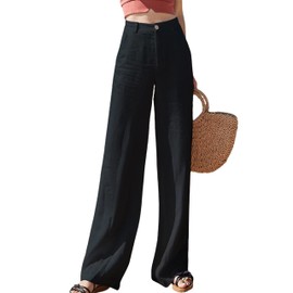 Hooever Womens Casual High Waisted Wide Leg Pants Button Up Straight Leg Trousers(Black, Large)