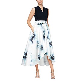 S.L. Fashions Women's Floral High-Low Gown with Pockets and Stretch Bodice, Wedding Guest Dress (Petite and Regular Sizes), Navy and Blue, 6