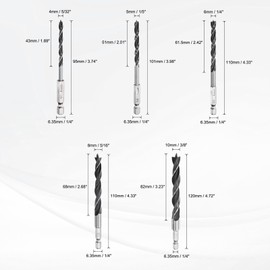sourcing map Brad Point Drill Bits Set 3/8" 5/16" 1/4" 1/5" 5/32" Dia High Carbon Steel Spiral Wood Twist Drill Bits with 1/4" Hex Shank for Drilling Softwood Hardwood Composite Plywood