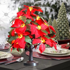 FUCHSUN Christmas Poinsettia Tree Light 18 LED Lighted Artificial Tabletop Poinsettia Flower Tree Lamp for Holiday Home Decoration, Battery & USB Powered, Timer & 8 Lighting Modes