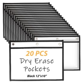 LOPYXBR 20 PCS Horizontal Job Ticket Holders 8.5x11 Inch Dry Erase Pockets Reusable Sleeves Black 3-Rings Work Order Plastic Sleeves for Paper 8.5x11 Write and Wipe Pockets for Office Document