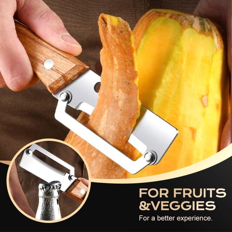 Pelador Verduras Multi-Funcional 2026, Cuchilla Acero Inoxidable, Mango Madera Frutas