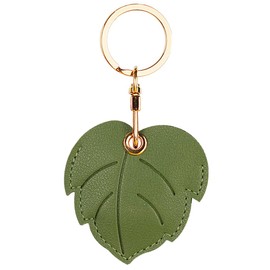 Leather Anti-Lost Keychain Case Cover for AirTags Tracker Holder, Anti-Drop Scratch Cute Green Leaves Leaf AirTag Holder with Keychain Accessories for Women Kids Pets Backpacks (Wide Green Leaf)