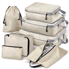 Hommtina Compression Packing Cubes for Suitcases, 7 Set Travel Organizer Cubes for Women/Men (Beige)