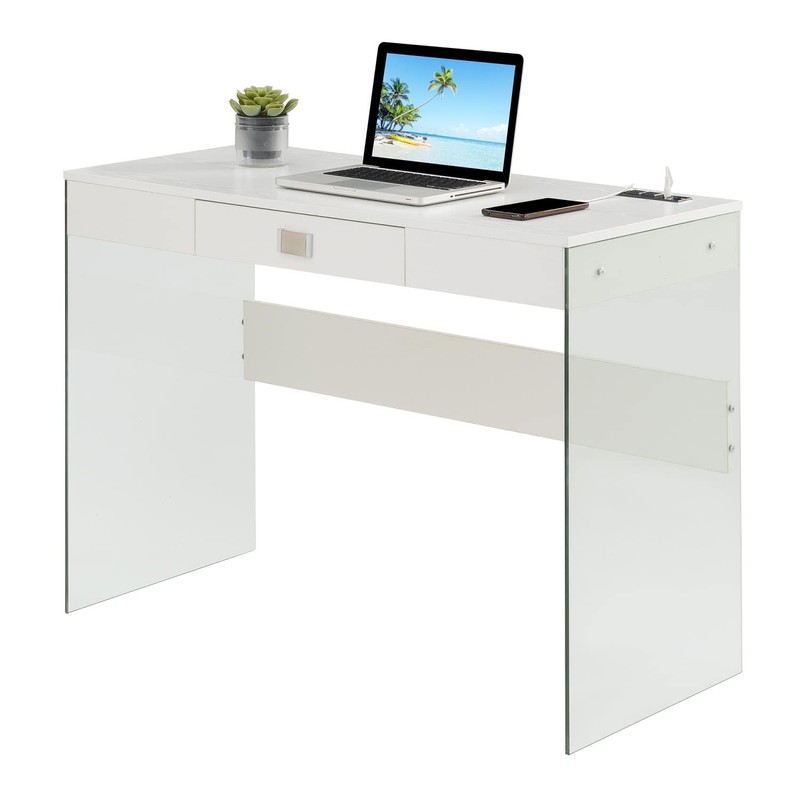 Convenience Concepts SoHo Glass Desk with Charging Station, 42", White
