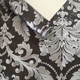 AMINAH DECO Classic Damask Wallpaper Roll Black Silver Embossed Texture Victorian Vinyl Wall Paper for Living Room Bedroom Decor 20.8 x 393.7 in