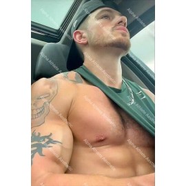Low Cut Tank Male Displaying Tattoos and Muscular Chest in Car 4x6 Photo #133