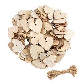 Pack of 100 Wooden Heart Discs, Heart Wooden Pendants, Confetti Hearts Wood Set, 40 mm Wooden Hearts Deco Discs with 10 m Jute Cord for Guest Book Labelling DIY Crafts