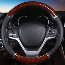 Wood Grain Leather Steering Wheel Cover Brown Black Elastic Stretch Car SUV Wheel Protector Breathable Anti-Slip Steering Wheels Accessories for Men Women Universal 15 inch