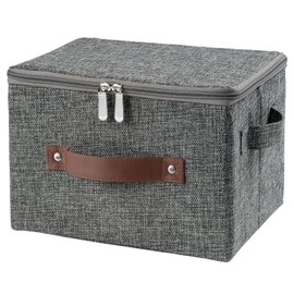HYVAKUPPA Storage Bins with Zipper Lid Foldable Fabric Lidded Storage Boxes Baskets Cubes Washable Collapsible PU Leather Handle Cotton Linen Fabric Shelf Closet Organizer Container(Gray, Small Size)