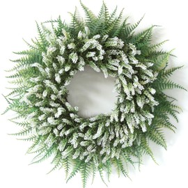 26" Boston Ferns & Monkey Grass Wreath for Front Door, Porch, Window - Large Artificial Greenery Outdoor Wreath for Home, Farmhouse Decor - Spring, Summer, Fall, All Seasons (White & Green)
