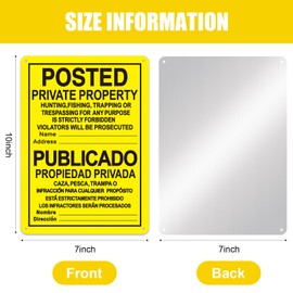 Tandefio 4 Pcs No Trespassing Signs Private Property 10" x 7" Bilingual English Spanish Reflective Aluminum Posted Signs Metal No Hunting Signs for Indoor Outdoor Hunting Fishing Trapping (Yellow)