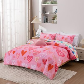 Holawakaka Girls Twin Pink Comforter Set with Sheets, 6 Pieces Boho Love Hearts Bedding Sets for Women Kids Teen-Girls, Bohemian Girly Pinky Bed in A Bag (Pink, Twin)