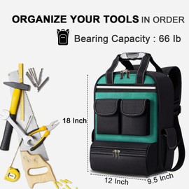 Tool Backpack for Men 18 Inch Heavy Duty Waterproof Multiple Pockets Bag Organizer with Shoulder for Electrician Mechanics HVAC Engineer Green