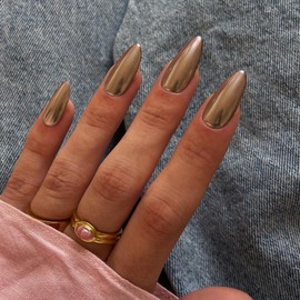 Light Bronze Chrome Press on Nails Medium Almond Nails Press ons Metallic Glue on,Acrylic Fake Nails for Women,Thick Shinny False Glue on Nail Medium Length Stiletto 24Pcs