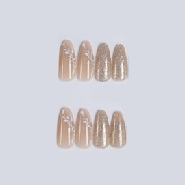 SINHOT Almond Press on Nails Medium Fake Nails Glossy Glue on Nails White Flower Acrylic Nails Stiletto Artificial Nails Gold Bling Glitter False Nails with Design 24 pcs