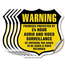 Warning Premises Protected By 24 Hour Audio And Video Surveillance By Entering You Agree To Be Audio & Video Recorded (5 Pack) 4 inch X 4 inch Shield Shaped Heavy Duty 3.2 mil Vinyl Decals
