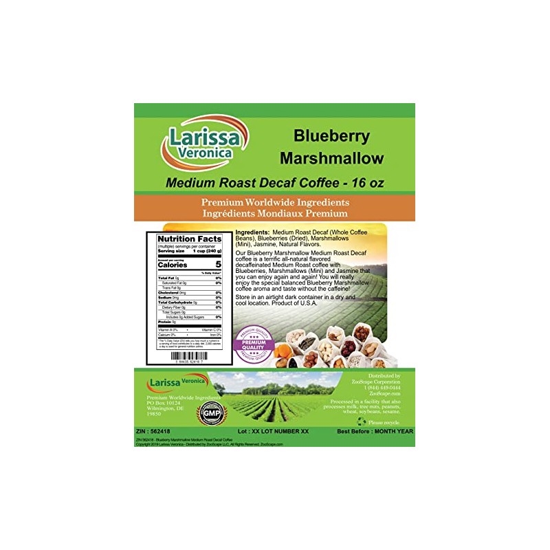 Blueberry Marshmallow Medium Roast Decaf Coffee (Gourmet, Naturally Flavored, Whole