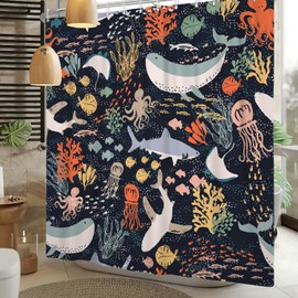 ChloropLastid Kids Undersea Animal Shower Curtain Cute Cartoon Ocean Whale Fish Octopus Sealife Coral Sea Bathroom Decor Curtain Set Waterproof Polyester Fabric 72Wx72L (Black)