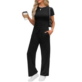 WIHOLL Workout Sets for Women 2 Piece Summer Travel Airport Outfits 2025 Cruise Going Out Sweatsuits Comfy Matching Sets Women Clothing Ruched Cozy Jogger Wide Leg Pants Black M