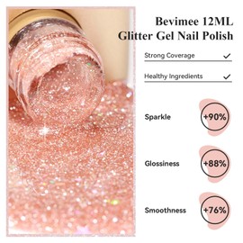 Bevimee Glitter Gel Polish 12ML, Holographic Shimmer Glitter Rose Gold Nail Polish Gel Flash Dimond Sparkly Shiny Soak Off UV Gel for Nail Art Manicure and Pedicure at Home