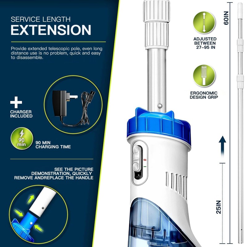 Lanchez Cordless Handheld Pool Vacuum for Above Ground Pool Telescopic