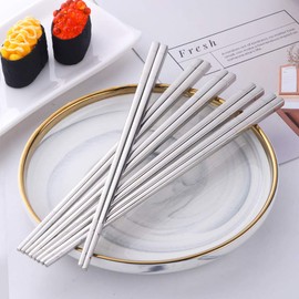 Buyer Star Chopsticks Stainless Steel Chopsticks Korean Chopsticks Set of 5 Pairs 23.5 cm Silver Luxury 18-8 Stainless Steel Silver Chopsticks Iron Chopsticks Square Shape Anti-slip Gift Box Packaging