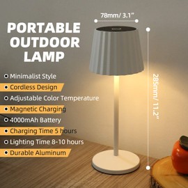 HFVLITE Outdoor Table Lamp, Cordless LED Desk Lamp Rechargeable in Aluminum, Touch On/Off, 2 Color Stepless Dimming, Contact Charging Base, IP54 Night Light, Indoor/Outdoor Use(White)