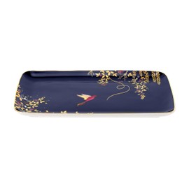 Portmeirion Sara Miller Chelsea Trinket Tray - 7.4 Inch Fine China Tray with 22 Karat Gold, Hummingbird Design in Dark Blue for Cheese Board - Decorative Gift-Boxed Serveware or Vanity Accent