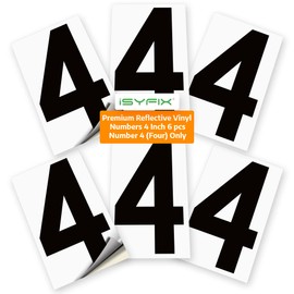 iSYFIX Black Vinyl Number 4 (Four) Stickers - 6 Pack 4 inch - Premium Decal, Reflective Background, Pre-Spaced for Mailbox, Signs, Window, Door, Car, Truck, Home, Business, Address, Indoor & Outdoor