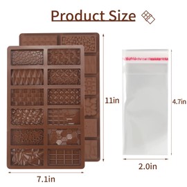 DOCMON Chocolate Molds, 2Pcs Deep Silicone Chocolate Mold with 100Pcs Bags, Break Apart Non-stick Thick Chocolate Bar Mold Candy Molds Wax Melt Molds for Dubai Knafeh Pistachio Chocolate Bar