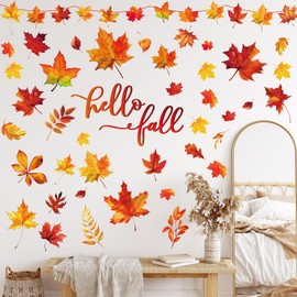 Whaline Fall Wall Decor Stickers Hello Fall Maple Leaves Wall Decals Small Room Mural Stickers for Autumn Holidays Home Classroom Birthday Thanksgiving Party Decoration, 8.3 x 10.6 Inch, 9 Sheets