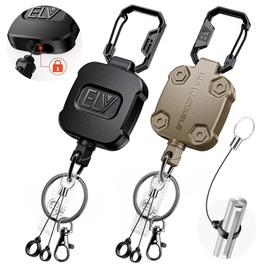 ELV 2 Pack Heavy Duty Retractable Keychain with Lock & Carabiner, Retractable ID Badge Holder Clip, Retractable Badge Reel with Pen Holders (2 Pack - Black & Tan)