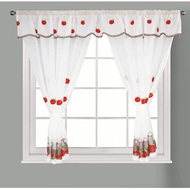 Householdfurnishing Embroidered Kitchen Window Pair Curtains Set Rod Pocket with Attached Valance & Tiebacks (Wndsr Red White, W 48 x L 48 Inch)