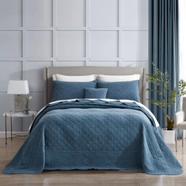 HZ & HY Oversized King Bedspread 128x120 Extra Wide - Shabby Chic Rustic Look - Enzyme Washed, Ultra Soft & Lightweight, Reversible, Cotton/Polyester, 5 Piece, China Blue