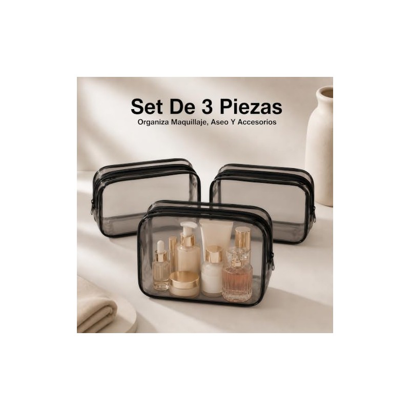 Cosmetiqueras Transparentes 3 Piezas de PVC, Bordes Negros, 18 x