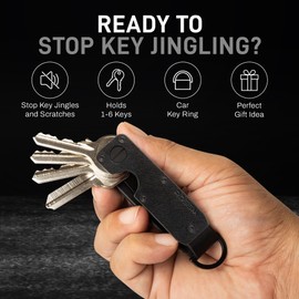 ROSSM Key Organizer | Compact Metal Key Holder | Minimalist Innovative Key Fob | Mini Key Case That Protects Up To 6 Keys, Black (Black Leather)